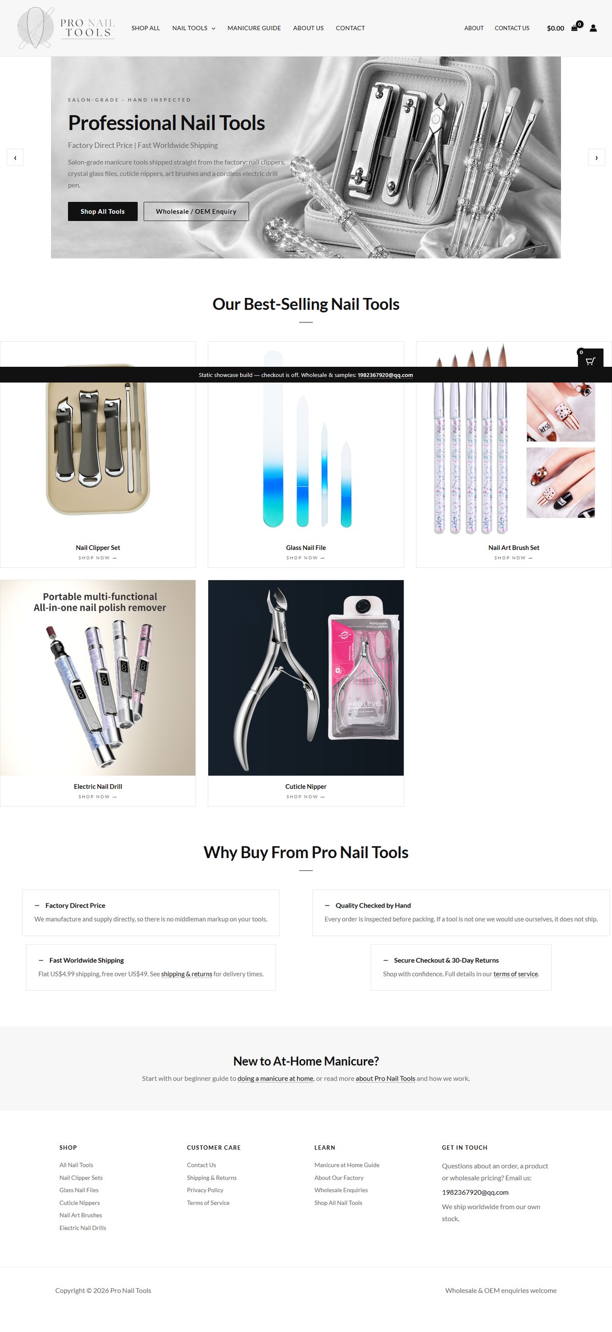 Pro Nail Tools homepage, full page